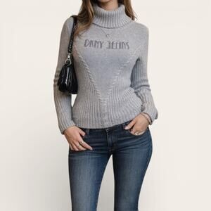 Y2K DKNY Jeans Rhinestone Logo Turtleneck Sweater Gray Ribbed Large